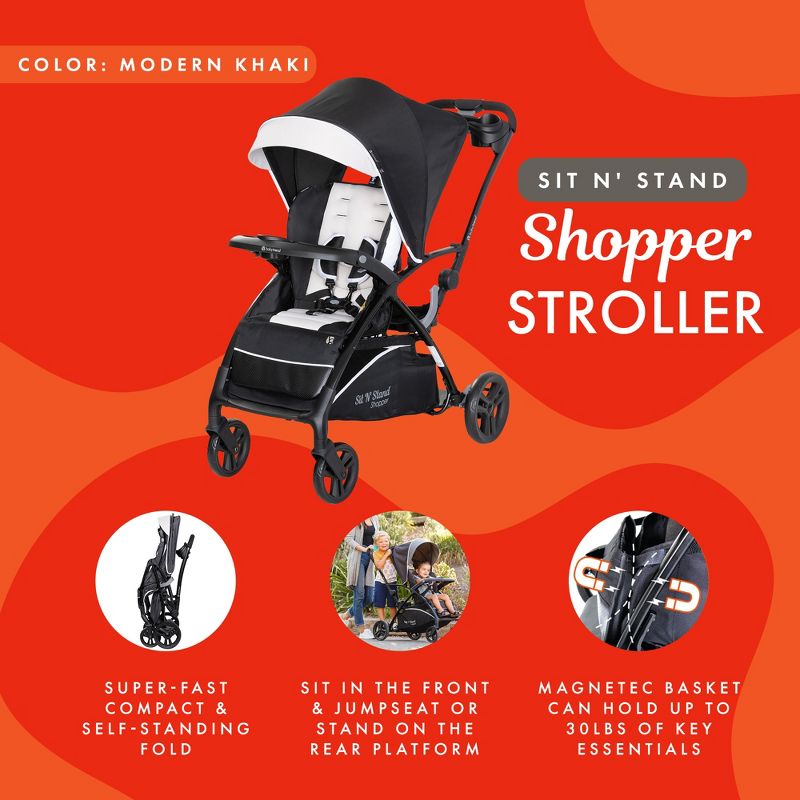 Baby Trend Sit N' Stand 5-in-1 Collapsible Shopper Stroller with Canopy, Visor, Extendable Storage Basket, Phone Tray, and 2 Cup Holders, Modern Khaki, 4 of 8