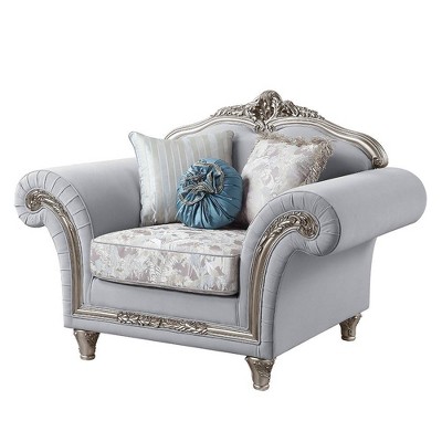 Luxurious Gray Linen & Platinum Wood Trim Accent Chair with Pillows