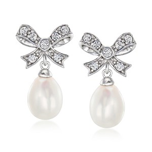 Ross-Simons 8-9mm Cultured Pearl and .30 ct. t.w. White Topaz Bow Drop Earrings in Sterling Silver - 1 of 4
