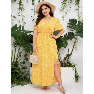 Women's Plus Size V-Neck Swing Dress – Elegant Crossover Hem & Side Slit Detail for Casual & Dressy Occasions - 1 of 4