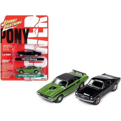 1971 Dodge Challenger R/T Green & 1965 Ford Mustang Fastback Black 2 Car Set "Pony Power" Ltd Ed 2304 pcs 1/64 Diecast Model Cars by Johnny Lightning