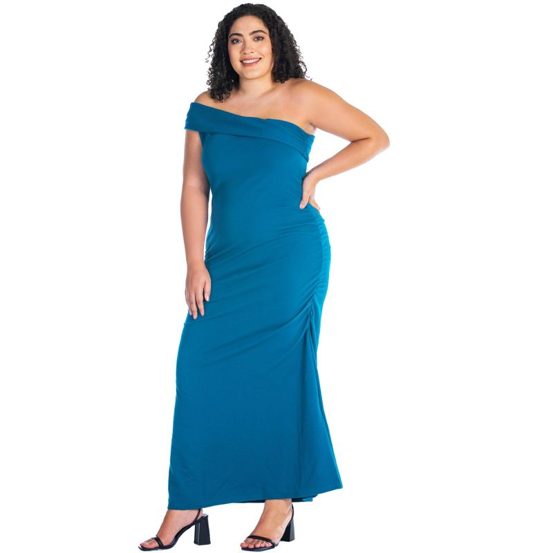 24seven Comfort Apparel Formal One Shoulder Rouched Mermaid Plus Size Maxi Dress, 2 of 6