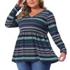Women's Plus Size Vintage Striped V Neck Long Sleeve Elastic Waist Boho Casual Babydoll Blouse - Agnes Orinda - 2 of 4