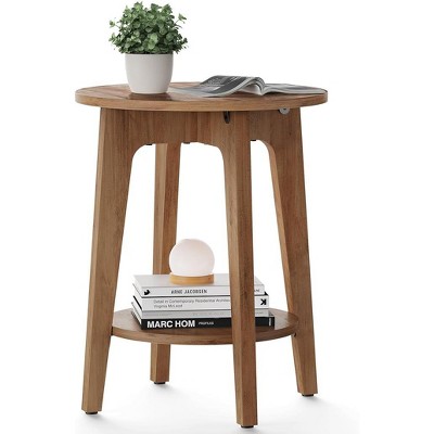 Simple Trending Small Round End Table with Lower Shelf Rustic Walnut