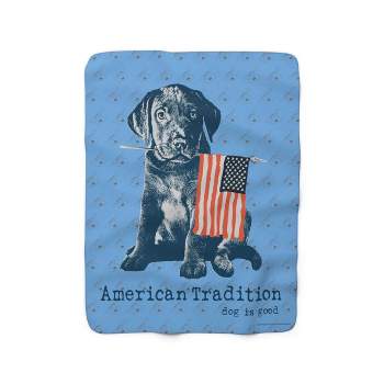 Dog is Good American Tradition Puppy & American Flag Blue Fleece Blanket, Officially Licensed and Produced in the USA