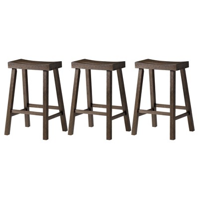 Maven Lane Vincent Backless Rectangular Saddle Kitchen Stool with Rustic Wood Top Seat, Set of 3