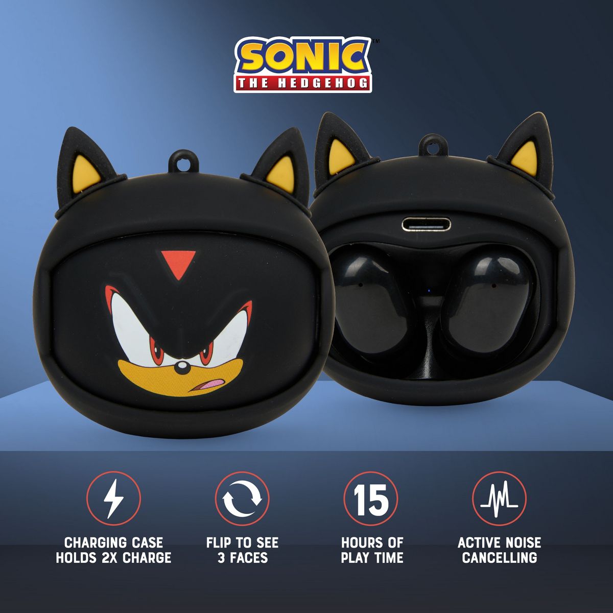 Sonic the Hedgehog Wireless Earbuds 15 Hour Playtime with Noise Cancelling and Flip Case - Shadow - thumbnail 2