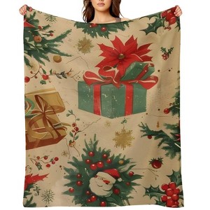 FIONECA Christmas Poinsettia Gift Box And Santa Claus Pattern Warm Fleece Blanket Holiday Decorative Cozy Throw Blanket 40x50 inches - 1 of 4