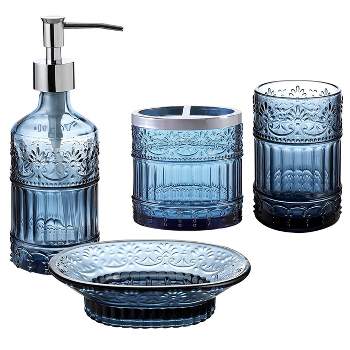Whole Housewares Decorative Blue Glass Bathroom Decor Accessories Set, 4-Piece