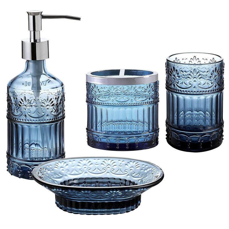 Whole Housewares Decorative Blue Glass Bathroom Decor Accessories Set, 4-Piece, 1 of 4