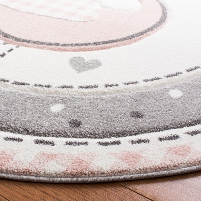 Ivory and Pink Round Hand-knotted Kids Rug, 5'3"