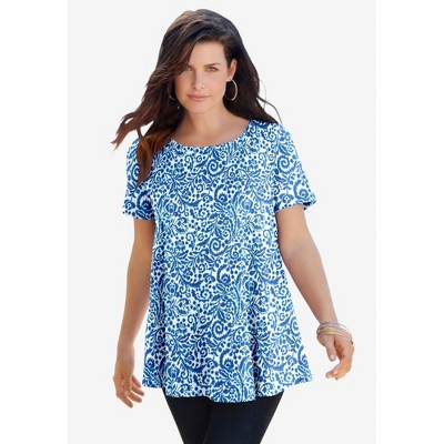 Roaman's Plus Size Cotton Ultimate Swing Tee With Keyhole Back