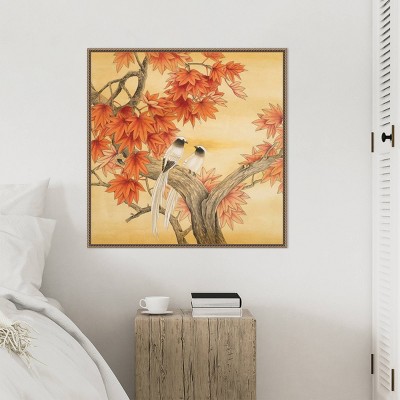 Autumn Love Birds Framed Canvas Wall Art with Beaded Perimeter