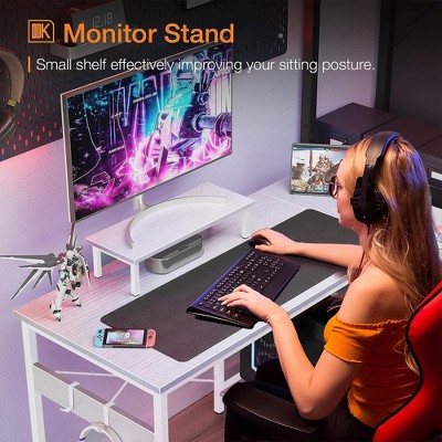 White Corner Computer Desk with Headphone Hook and Shelves