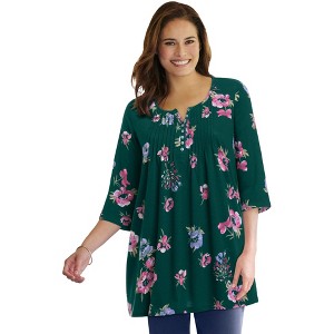 Woman Within Plus Size 7-Day Three-Quarter Sleeve Pintucked Henley Tunic - 1 of 4