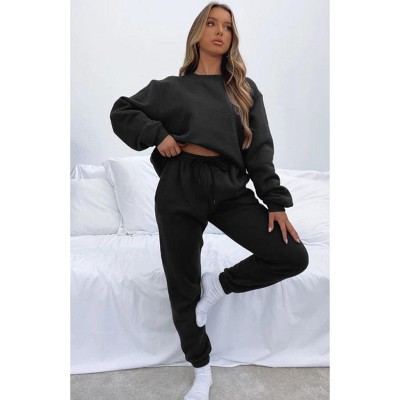 Mocamel Women's Solid Color Simple Tracksuit， Loose Fit Long Sleeve Top and Pants Set