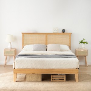 Rattan Bed Frame Queen, Boho Bed Frame with Natural Rattan Headboard, Led Lights, Wooden Support Legs and Slats, Noise-Free, No Box Spring Needed - 1 of 2