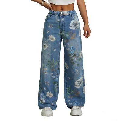 Women's Trendy Floral Print Wide Leg Jeans High Waist Casual Denim Pants