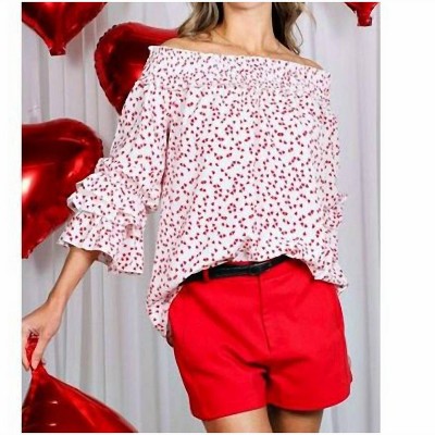 Women's Ruffled Off-Shoulder Heart Print Blouse - Vine & Love