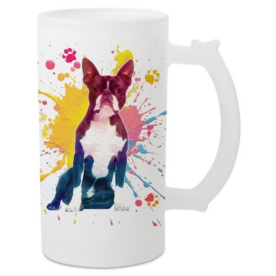 100 North Freezable Beer Stein Mug With Thumb Grip Handle, 16 Ounce Frosted Glass, Boston Terrier Dog Paint Splatter