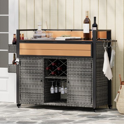 Coolbibila-52"W Wicker Outdoor Grill Cart With Extended Plastic Wood Table Top, Rolling Kitchen Island On Wheels With Storage Cabinet