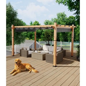 10x13 ft Outdoor Pergola with Retractable Canopy Aluminum Wood Grain Patio Pergola for Backyard Deck Porch Gray. - 1 of 4