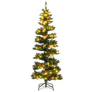 Costway 6/7 FT Artificial Christmas Tree with 612/791 Branch Tips Warm White LED Lights Folding Metal Stand - 1 of 4