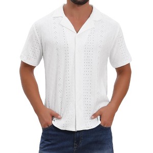 INSPIRE CHIC Men's Camp Collar Button Down Short Sleeve Hollow Texture Knit Shirts - 1 of 4