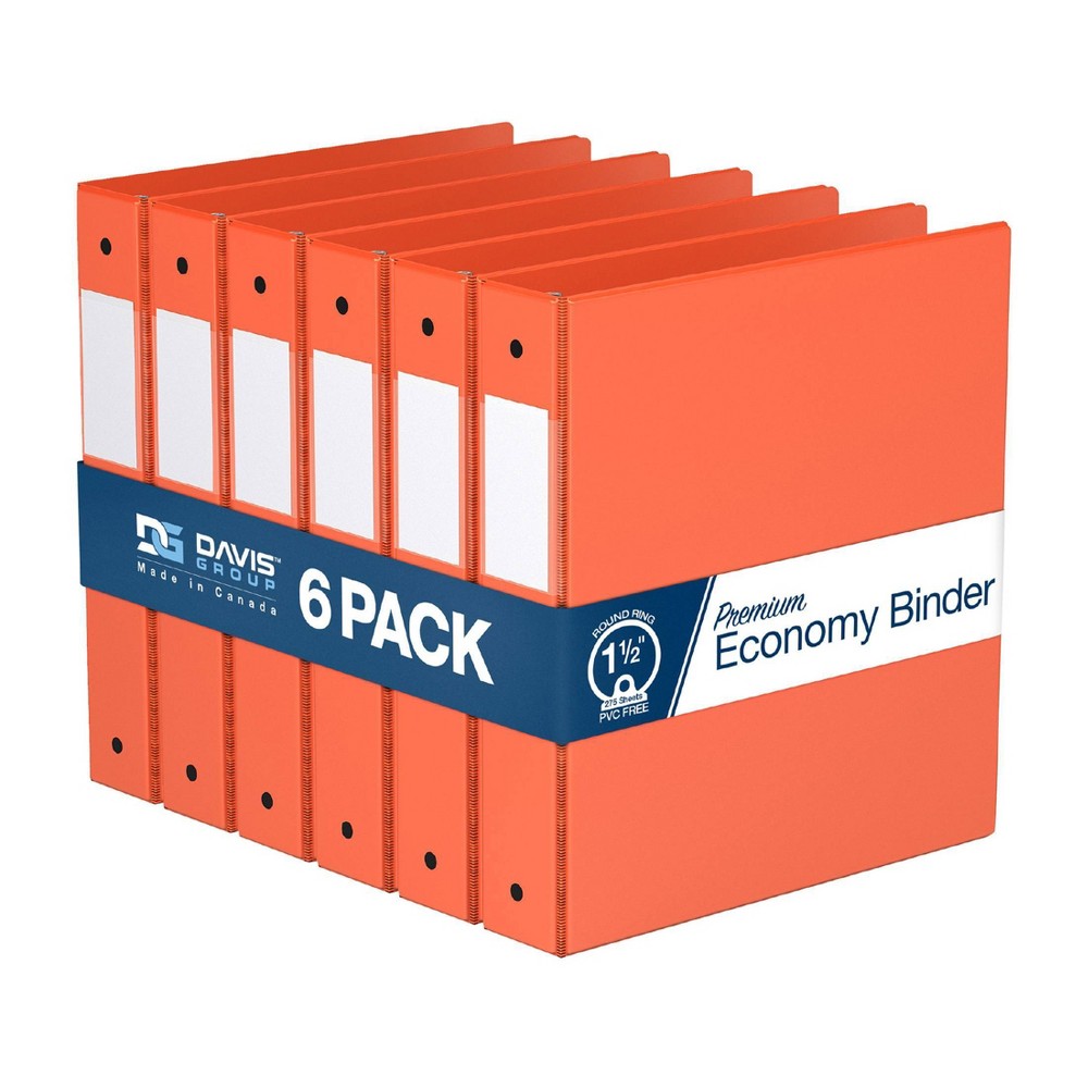 Davis Group 6pk 1.5" Premium Economy Round Ring Binder Orange: Hard Cover, 275 Sheet Capacity, 2 Pockets, Polypropylene