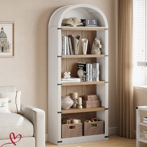 5 Shelf Arched Bookshelf Bookcase Tall Bookcase Farmhouse Display Storage Rack Wooden Bookshelves - 1 of 4