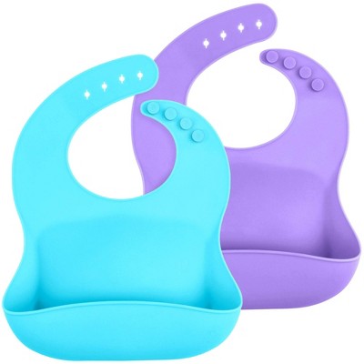 Image of WeeSprout Waterproof Silicone Baby Bibs, Pocket to Catch Food - Set of 2 (Purple, Blue)