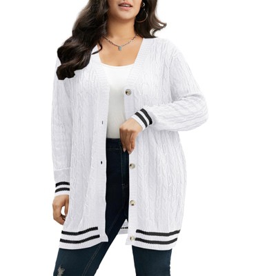 Plus Size Womens Cardigan Sweater Knit Button Down Causal Open Front Long Sleeve Outwear White 3XL