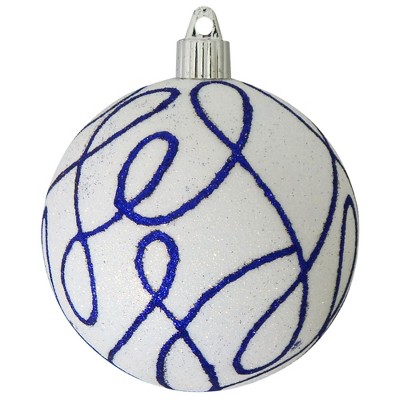 Christmas by Krebs 4ct Snowball White and Dark Blue Shatterproof Glitter Christmas Ball Ornaments 4" (100mm)