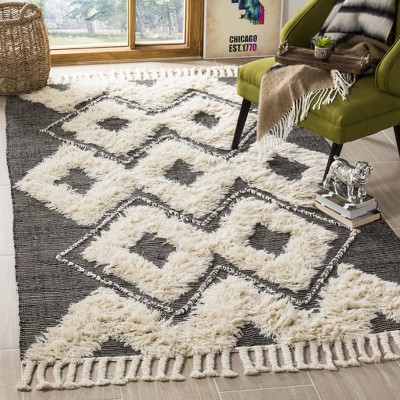 Hand-Knotted Black and Ivory Wool Geometric Runner Rug