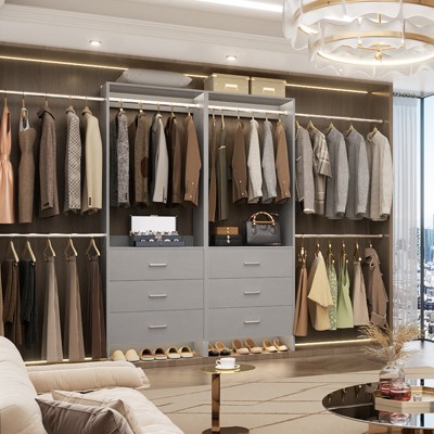 Aheaplus Set of 2 Closet System with 6 Drawers and 6 Hanging Rods, Adjustable Clothes Organizer