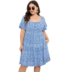 Plus Size Dress Plus Size Dress Ruffle Sleeve Flowy Dress with Pockets blue white flower 2XL - 1 of 1