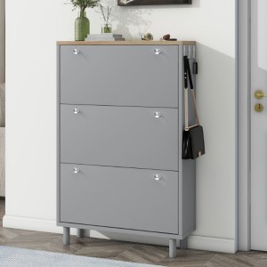 Narrow Tipping Bucket Shoe Cabinet, 3-Drawer Wood Grain Top with 3 Hooks, Adjustable Panel Hallway Rack - 1 of 3