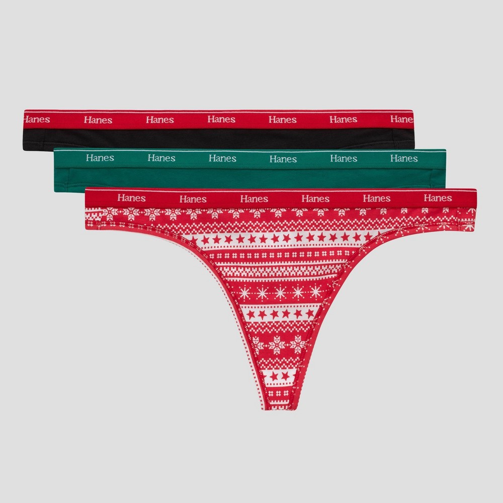 Hanes Women's 3pk Holiday Thong OC46B3 - Red/Green/Black S