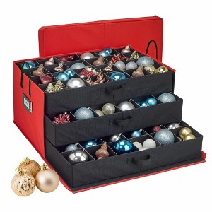 Hold N' Storage - Christmas Ornament Storage Container Box with Dividers - Stores up to 72-3" Ornaments with 3 Removable Trays with Separators - Red - 1 of 4