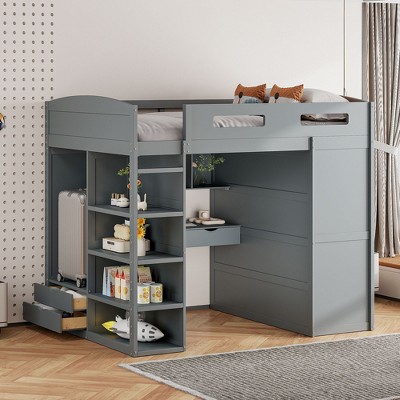 NicBex Full Size Bunk Bed with Desk Wooden Bed Frame with Wardrobe, Drawers, Shelves, Ladder and Full Length Guardrail, No Box Spring Required