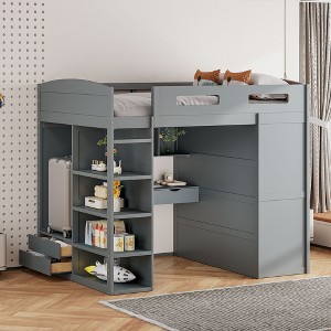 NicBex Full Size Bunk Bed with Desk Wooden Bed Frame with Wardrobe, Drawers, Shelves, Ladder and Full Length Guardrail, No Box Spring Required - 1 of 4