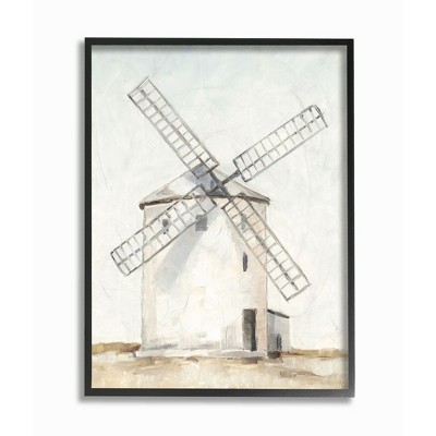 Stupell Industries Windmill Farm Landscape Neutral Blue Brown Painting