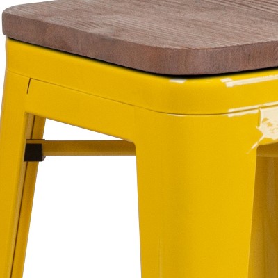 Yellow Backless Metal Dining Stool with Wooden Seat, 25"