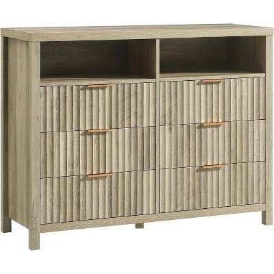 Coucheta Farmhouse 6 Drawers & 2 Shelves - Rustic Wood Chest of Drawers with Fluted Doors, 47" Wide Storage for Bedroom & Living Room