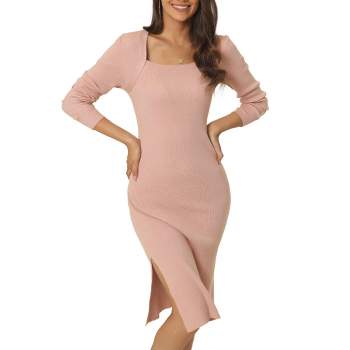 Seta T Women's Square Neck Long Sleeve Slim Fit Ribbed Knit Bodycon Midi Sweater Dress