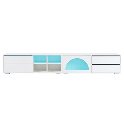 Vynxaria 94" White TV Center with Fluted Glass Door and Smart Lighting for TVs Up to 100"L