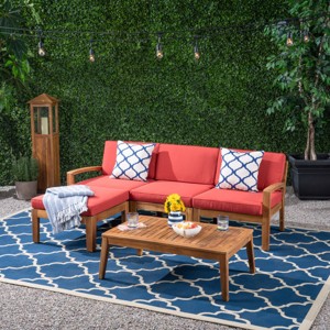 Outdoor Sectional Sofa Set, 3 Pcs Acacia Sofa Set for 3 People, Sectional Sofas with Acacia Table, Wood Frame and PE Cushions-Coolbibila - 1 of 4