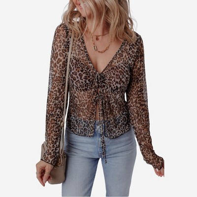 Amaryllis Women’s Long Sleeve Leopard Mesh Top Adjustable Front Drawstring Sheer Fitted Bodice