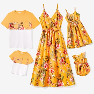 PATPAT Family Matching Mommy and Me Floral  Strap Midi Dresses and Splicing Short-sleeve T-shirts Sets - 1 of 4