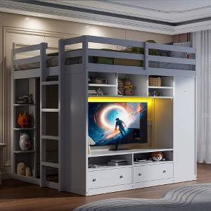 Whisen Full Size Loft Bed, Spacious Wardrobe, Drawers, Shelves & LEDs for Max Space - 1 of 4